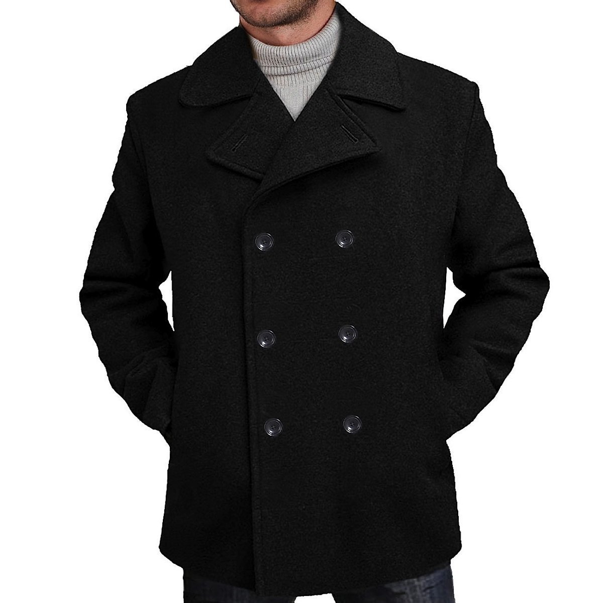 Mens Double Breasted Wool Overcoat Fur Collar Winter